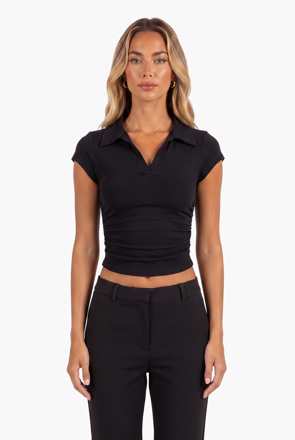 Black polo-collar ruched crop top — collar and side ruching detail